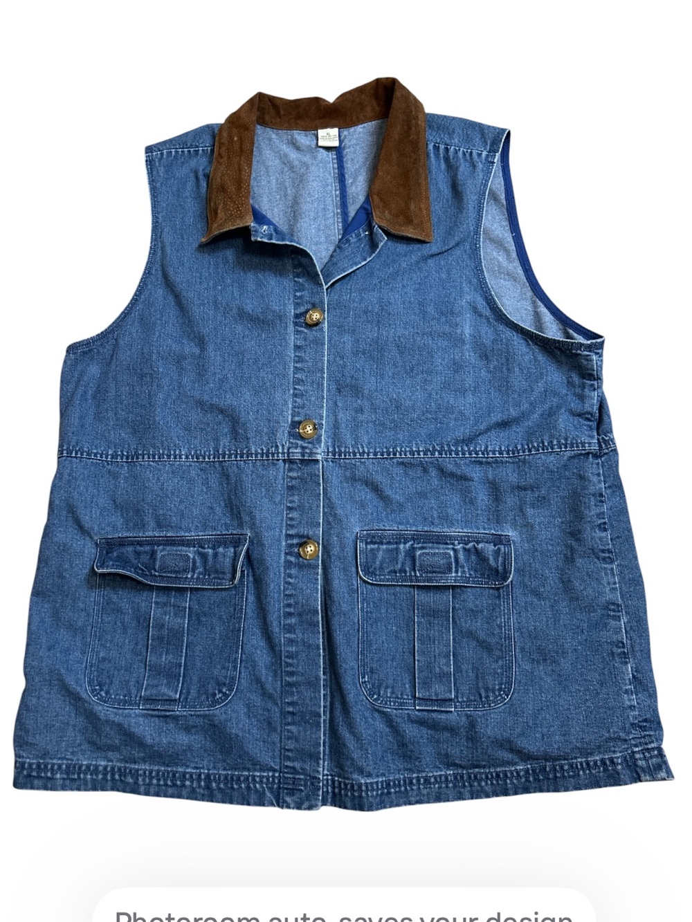 VTG 90s Blue Denim Utility Vest Brown Contrast Collar Women's XL Cargo Pocket